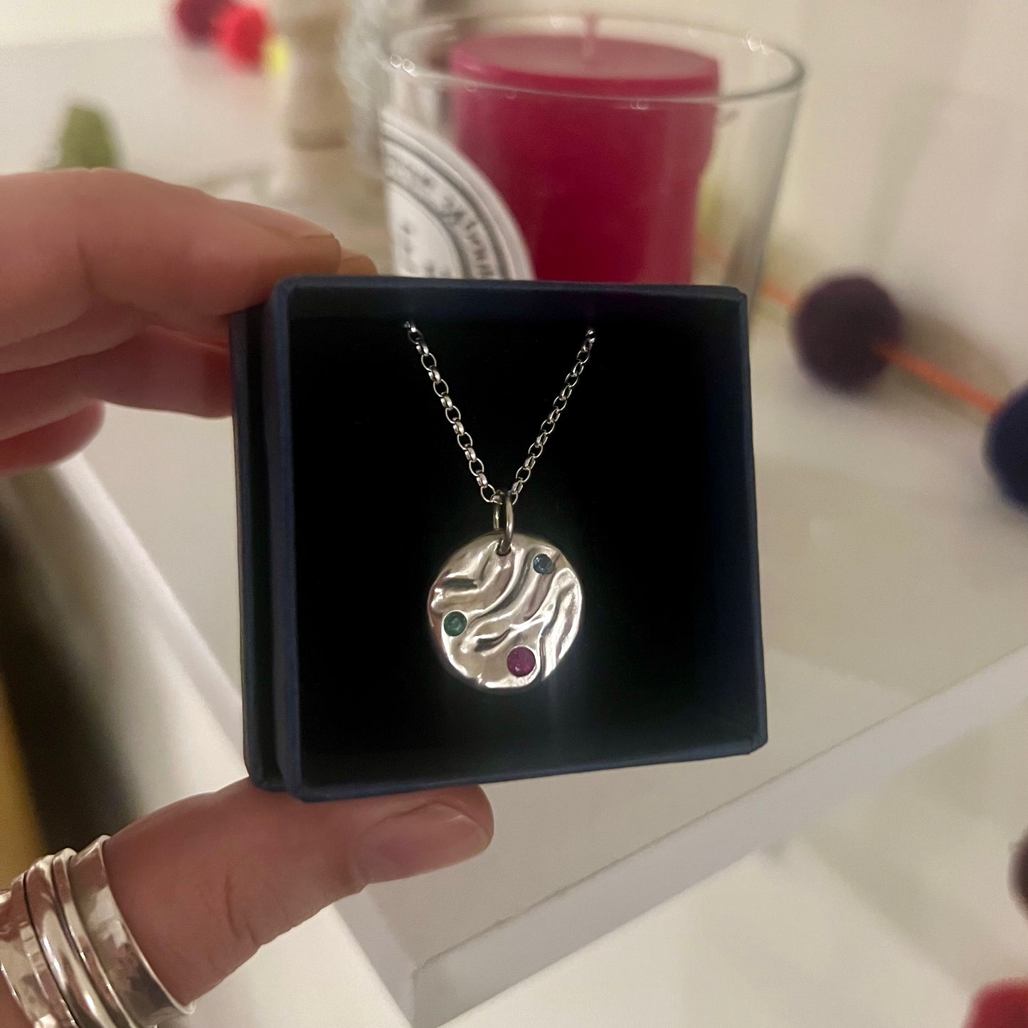 Ruby, emerald & topaz rock-pool pendant
