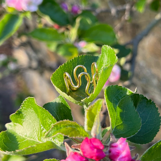 A gold vermeil ripple ring pictured on a leaf.