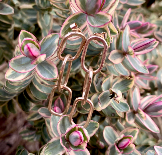 Handmade 9ct rose gold triple-chain link pastille earrings.