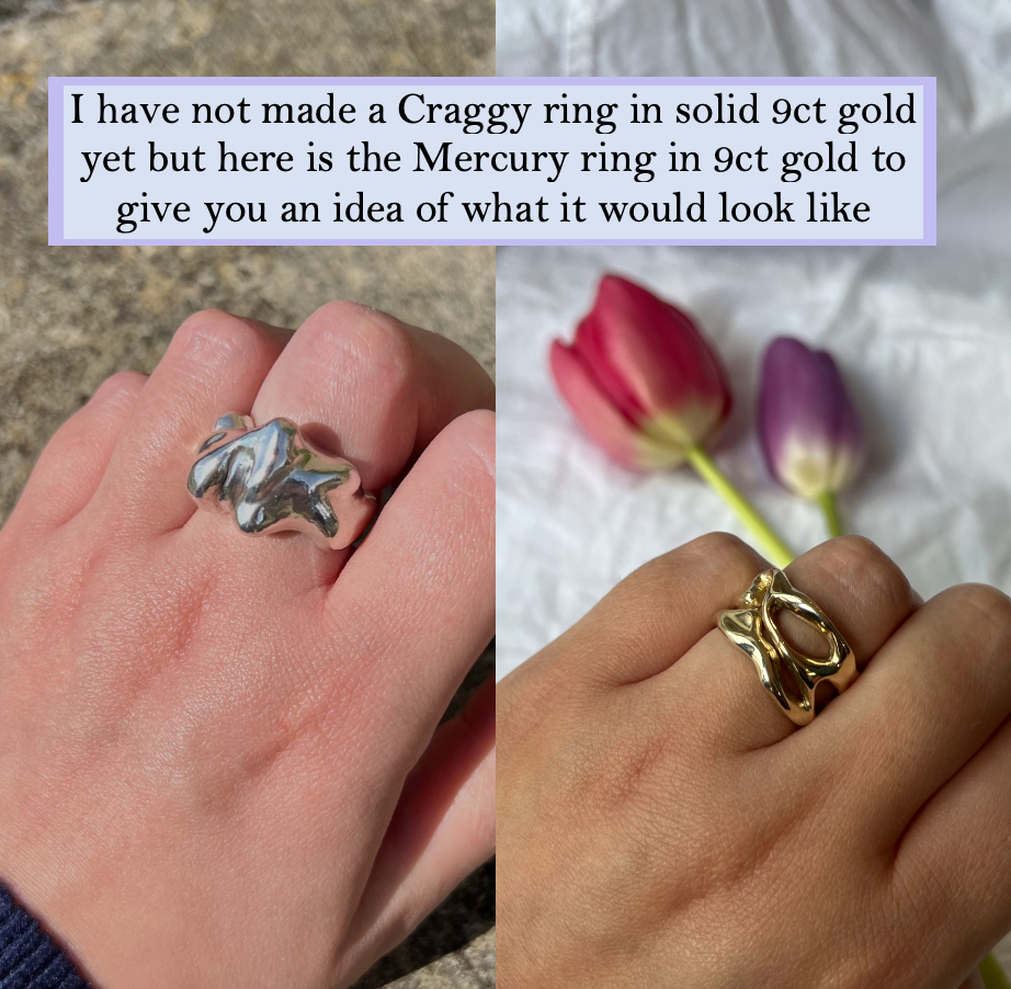Two side by side images of the craggy ring in silver and the mercury ring in gold showing what the craggy ring would look like in gold.