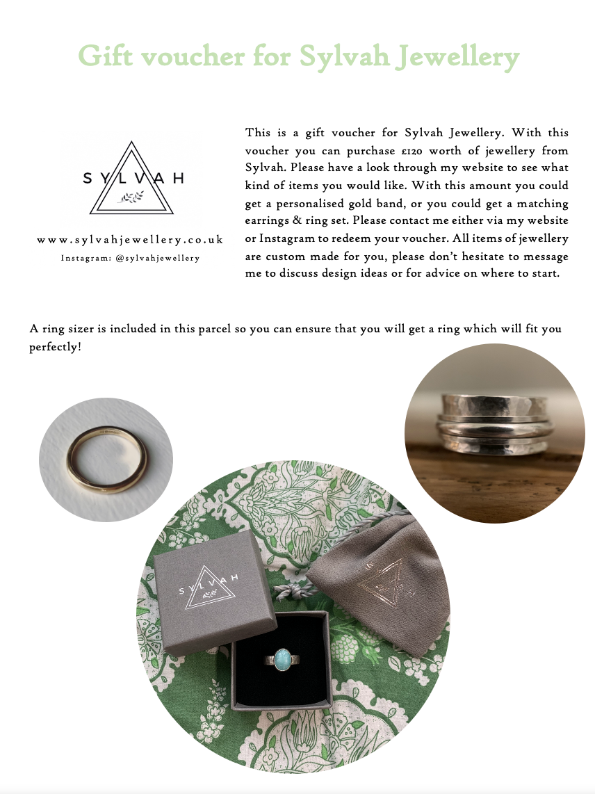An example of a gift voucher for sylvah jewellery with the terms& conditions of the voucher and also some images of jewellery you could receive.