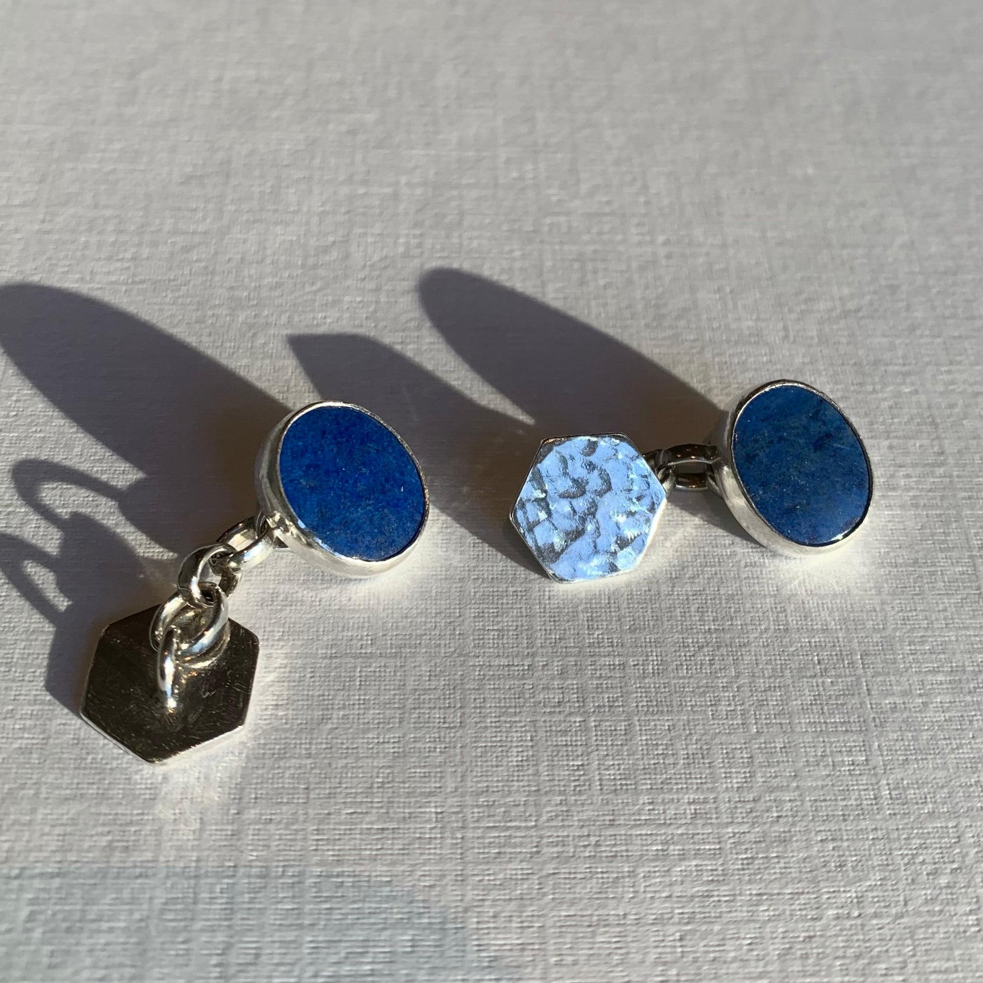 Lapis lazuli and hexagonal sterling silver personalised cufflinks.